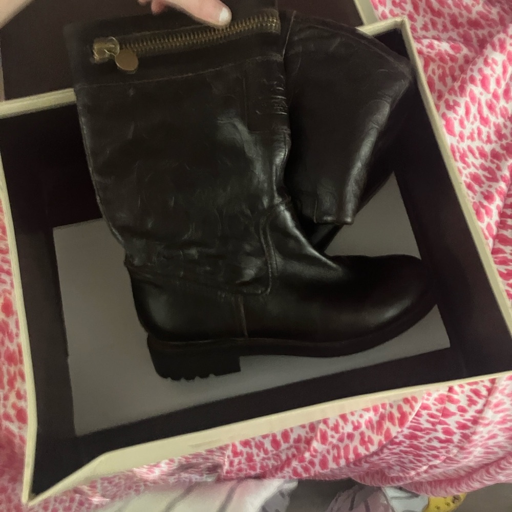 Coach Black Heeled Boots with Gold Zipper - Picture 2 of 2